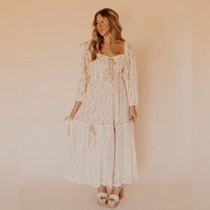 NWT Cream Corset Style Long Sleeve Lace Maxi Dress w/Velvet Bows & Pockets Small